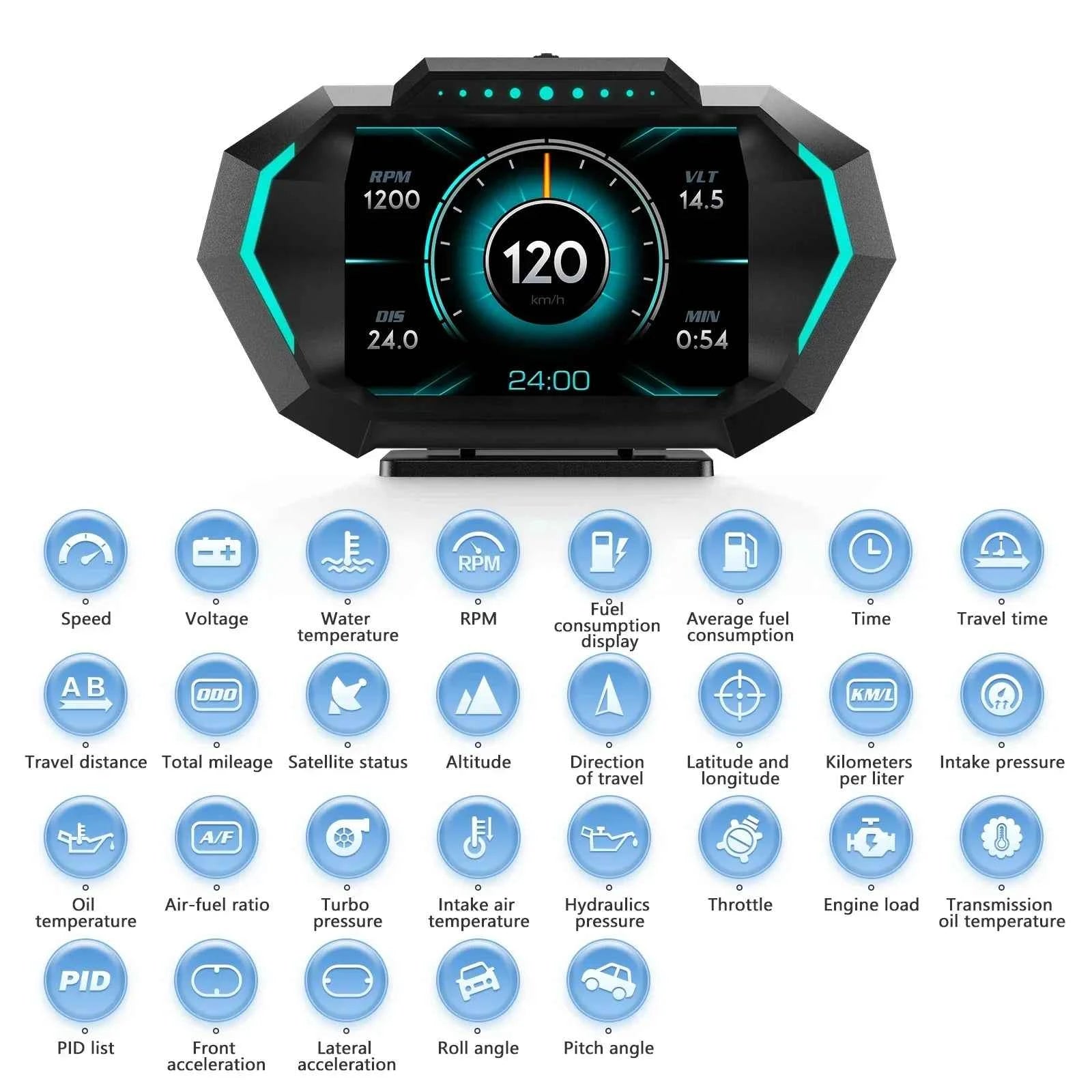 AD Digital Car HUD GPS OBD2 Head Up Display with Slope Meter Black